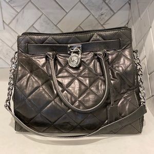 Michael Kors large gray quilted patent leather shoulder bag